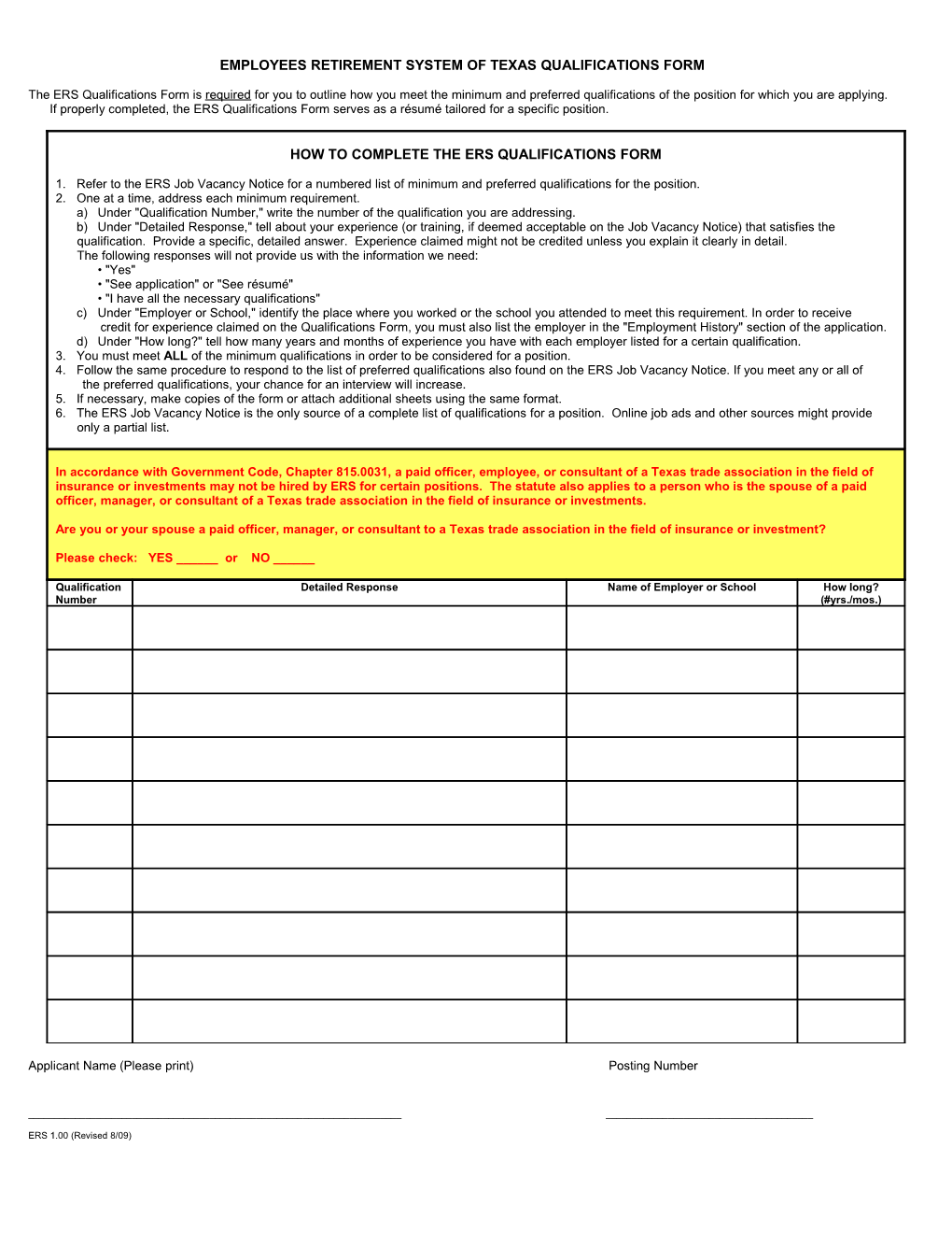 Employees Retirement System of Texas Qualifications Form