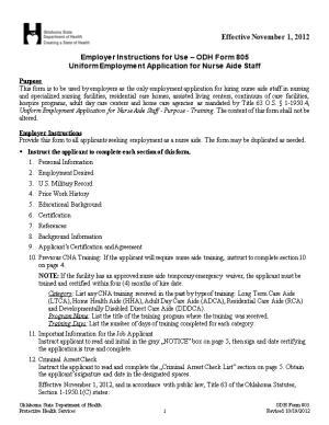 Employer Instructions for Use ODH Form 805 Uniform Employment Application for Nurse Aide Staff