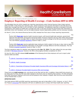 Employer Reporting of Health Coverage Code Sections 6055 & 6056
