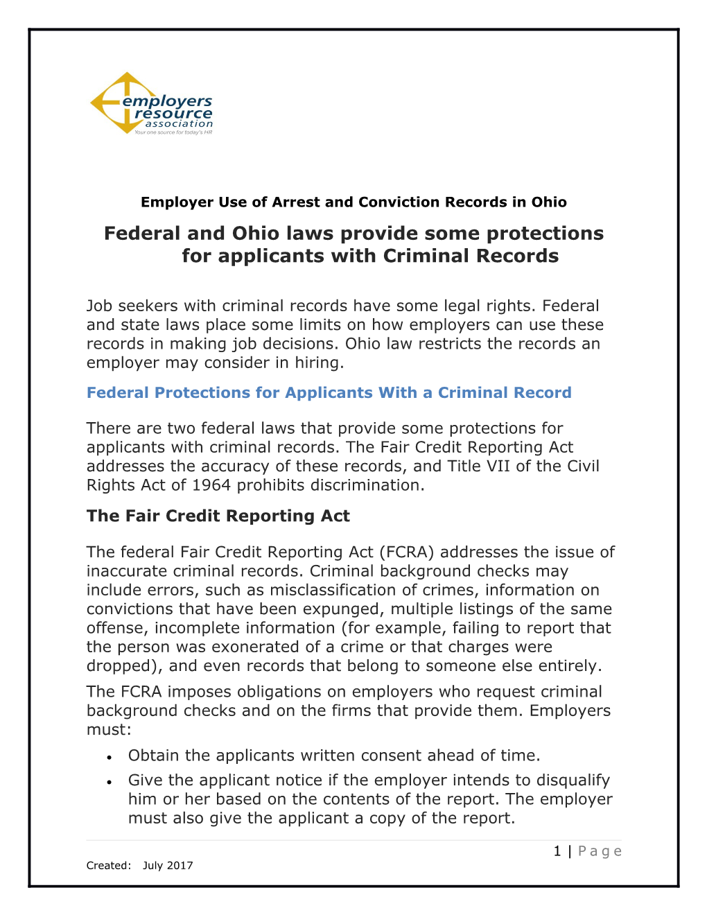 Employer Use of Arrest and Conviction Records in Ohio