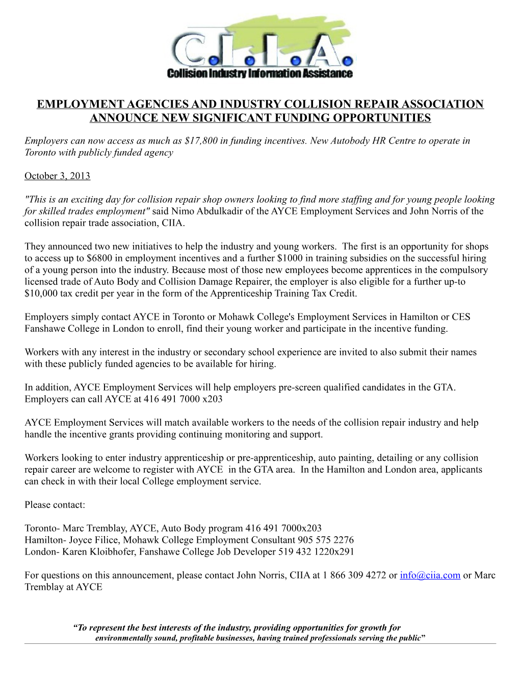 Employment Agencies and Industry Collision Repair Association Announce New Significant