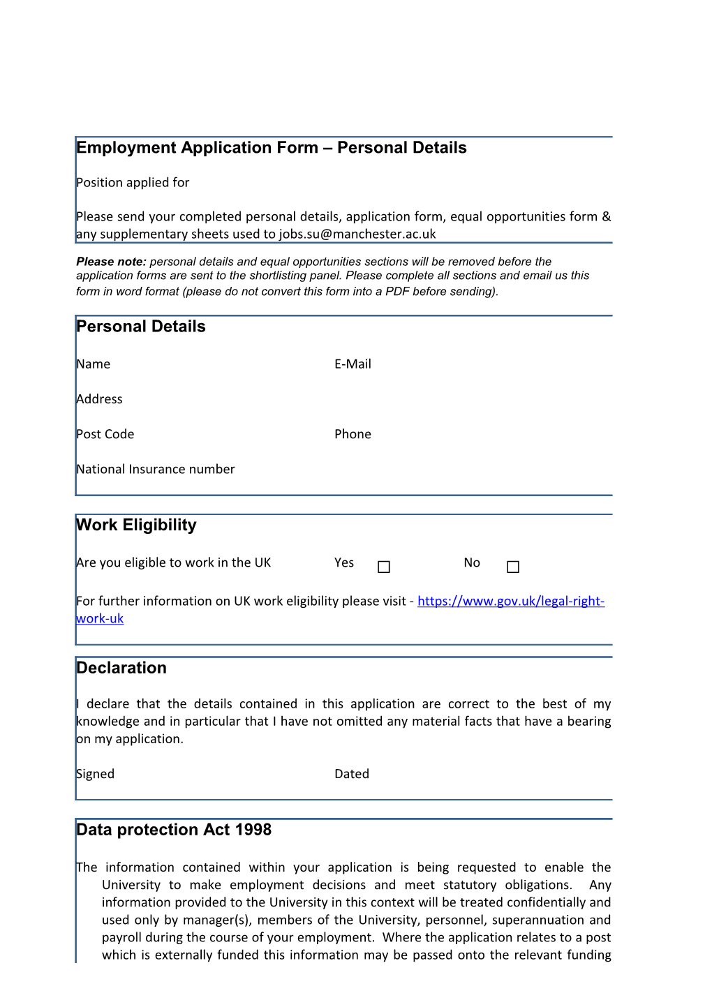 Employment Application Form Application Details