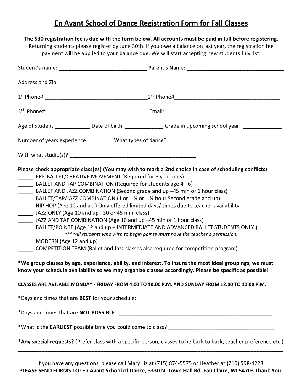 En Avant School of Dance Registration Form for Fall Classes