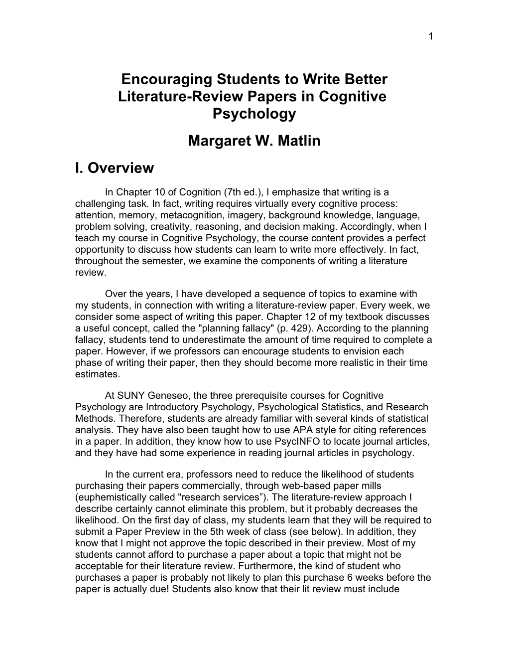 Encouraging Students to Write Better Literature-Review Papers in Cognitive Psychology