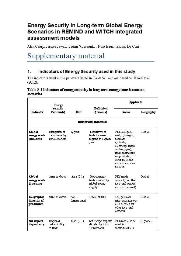 Energy Security in Long-Term Global Energy Scenarios in REMIND and WITCH Integrated Assessment