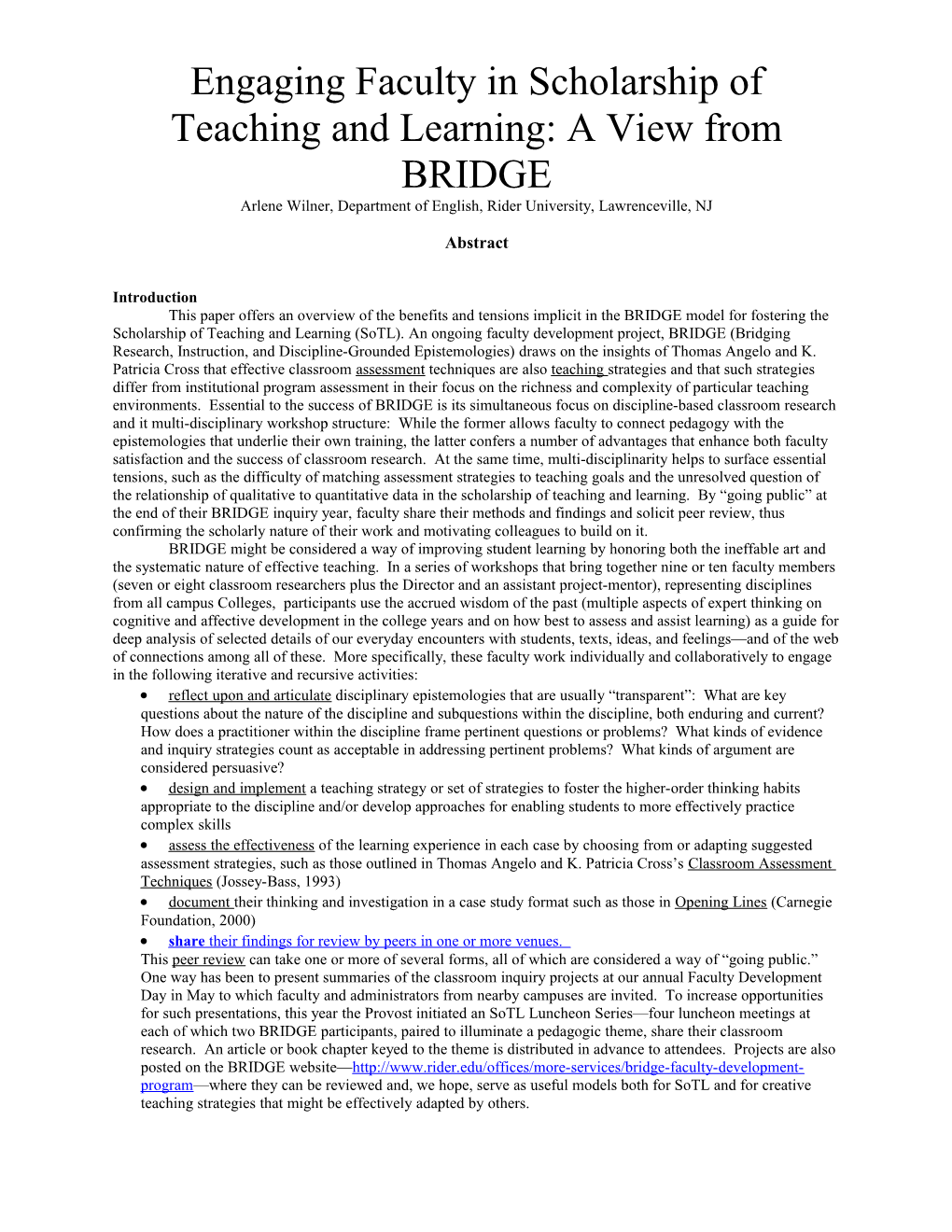 Engaging Faculty in Scholarship of Teaching and Learning: a View from BRIDGE