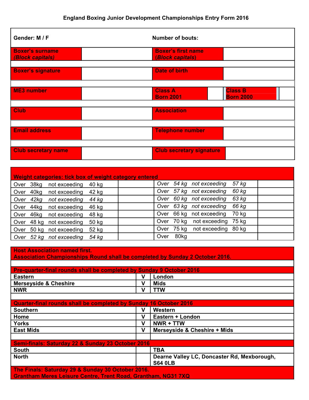 England Boxing Junior Development Championships Entry Form 2016