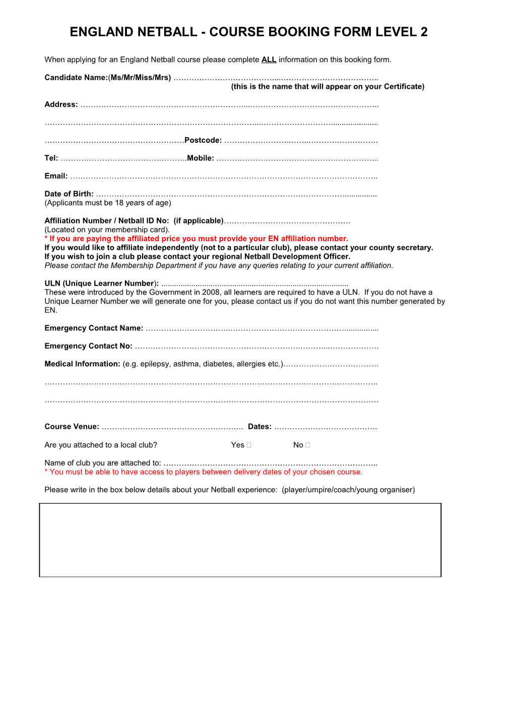 England Netball - Course Booking Form Level 2
