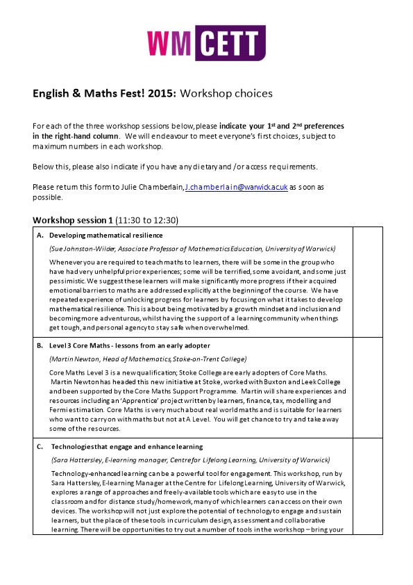 English & Maths Fest! 2015: Workshop Choices