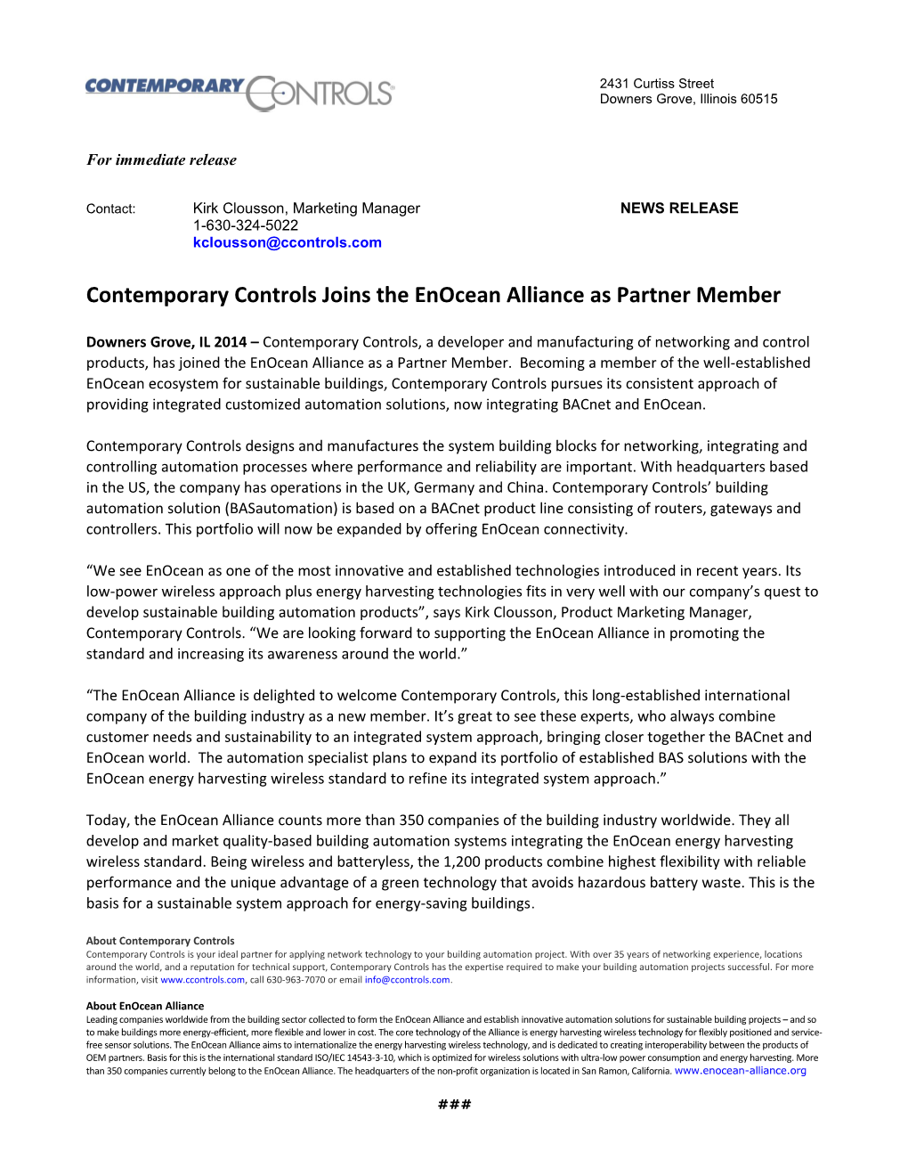 Enocean Alliance Appoints New Business Development Director for North America