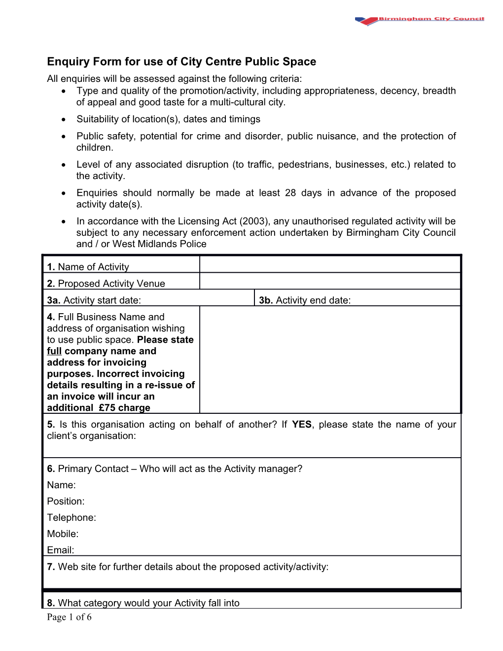 Enquiry Form for Use of City Centre Public Space