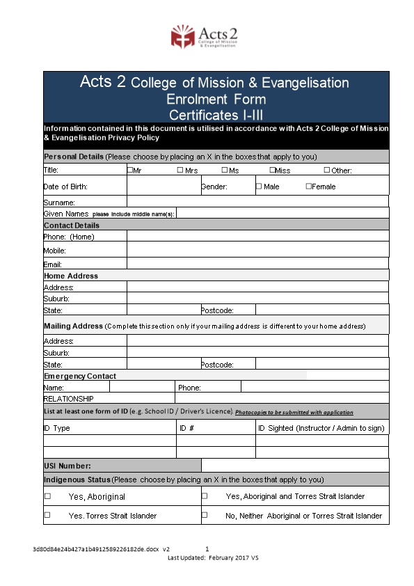 Enrolment Application Form Certs I-III V2 V2 Last Updated: February 2017 VS