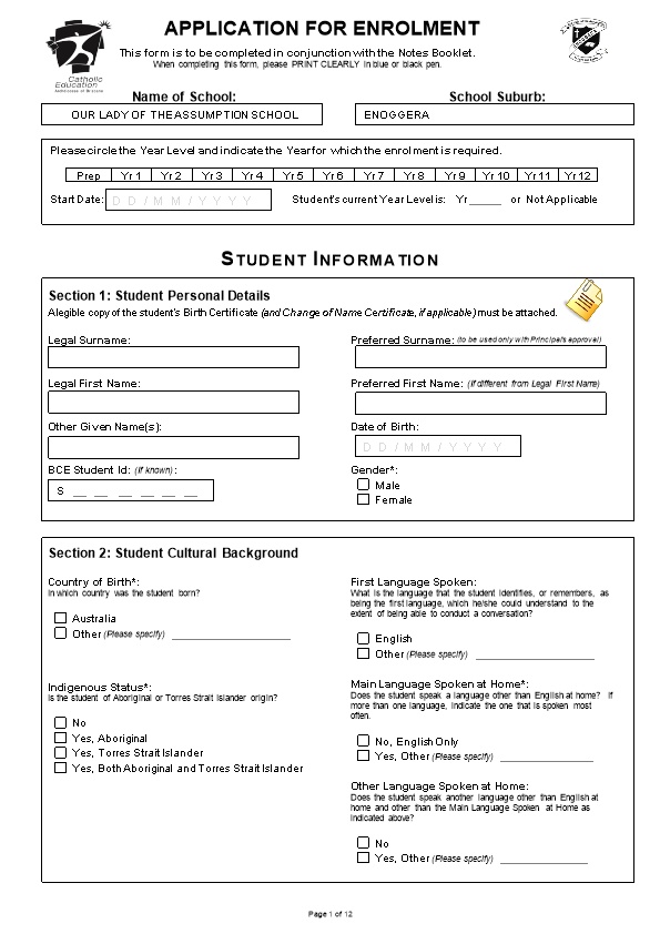 Enrolment Application - Form - Editable Print Version