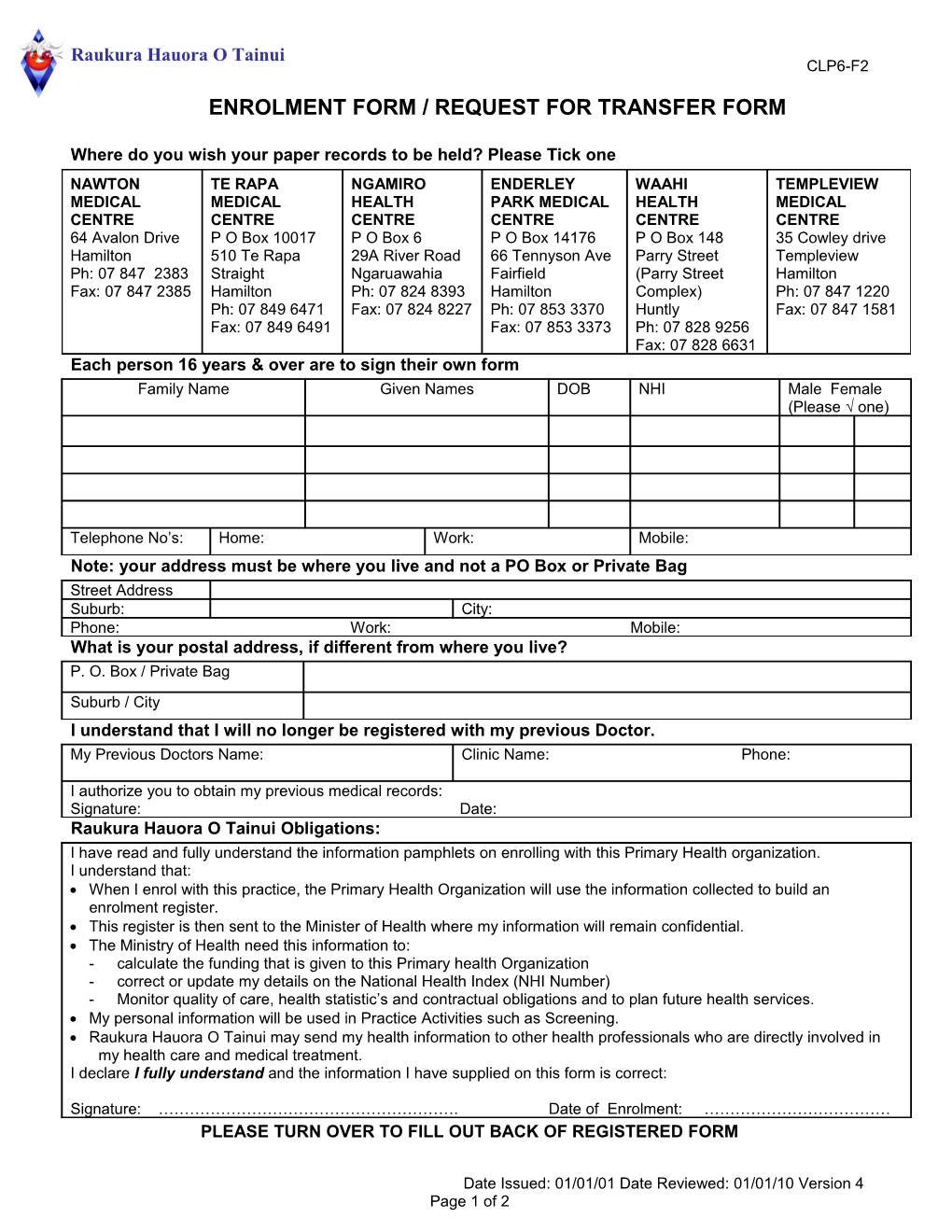 Enrolment Form / Request for Transfer Form
