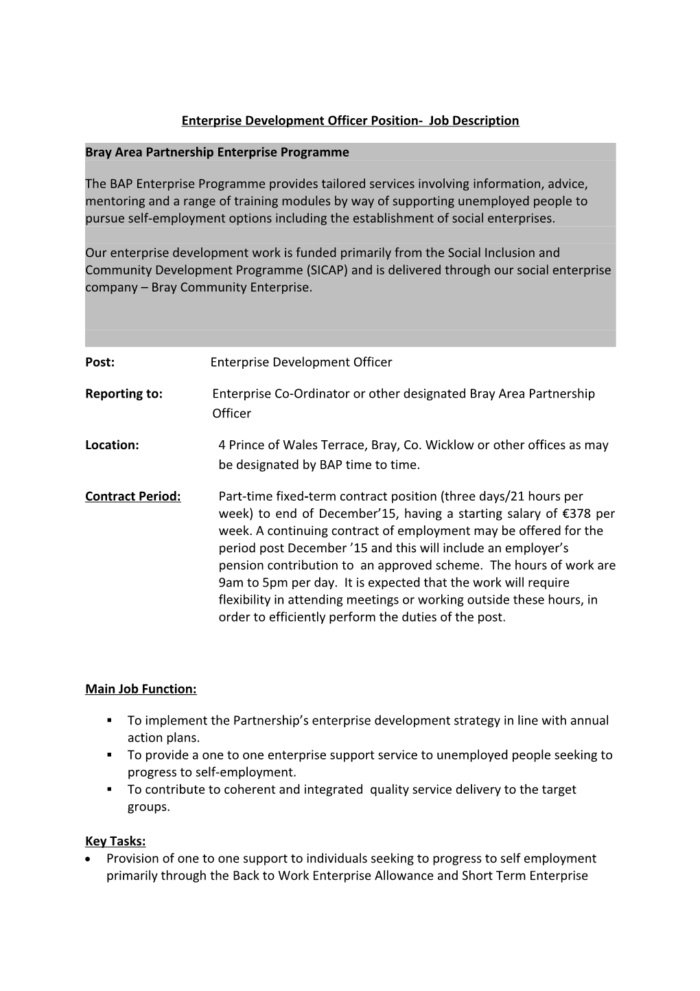 Enterprise Development Officer Position- Job Description