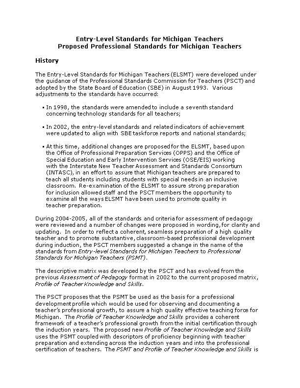 Entry-Level Standards for Michigan Teachers (ELSMT) Were Developed Under the Guidance Of