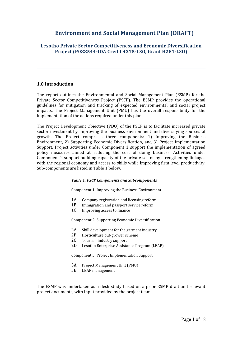 Environment And Social Management Plan DRAFT Docest