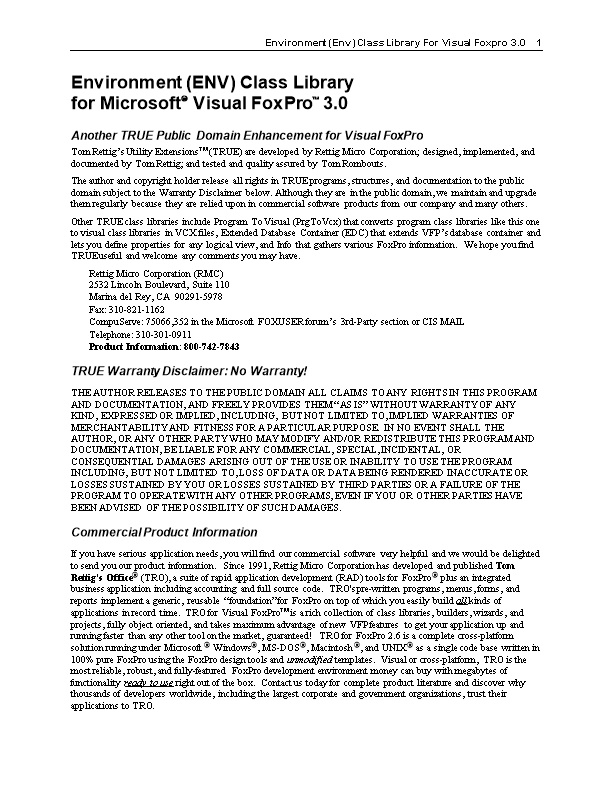 Environment (ENV) Class Library for Visual Foxpro 3.0