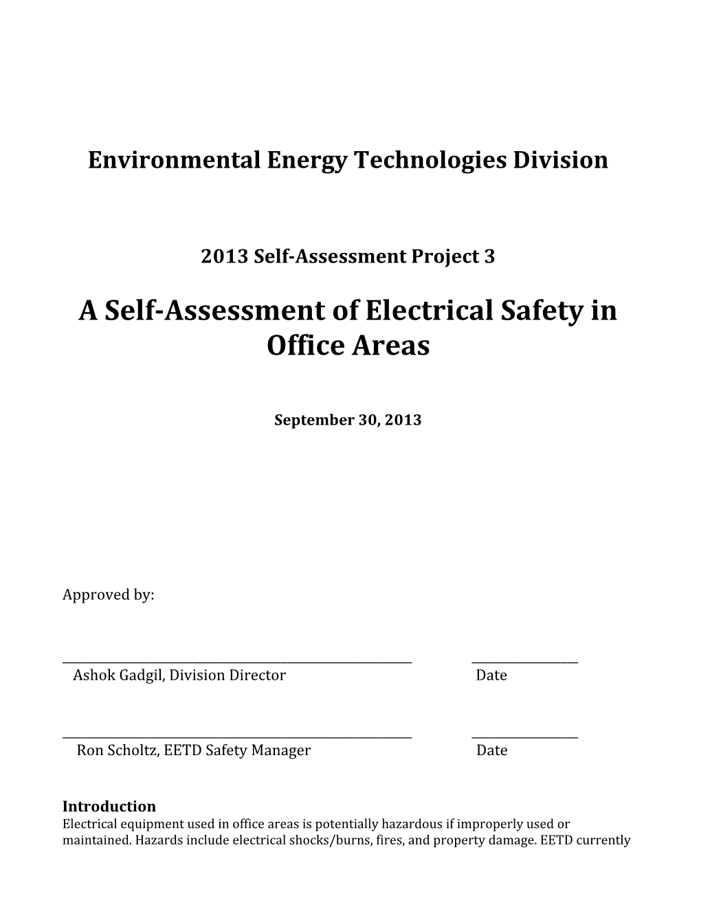 Environmental Energy Technologies Division Office Electrical Safety Self-Assessment