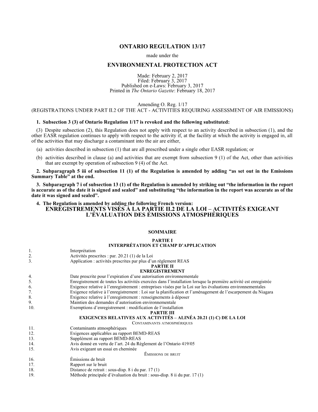 ENVIRONMENTAL PROTECTION ACT - O. Reg. 13/17