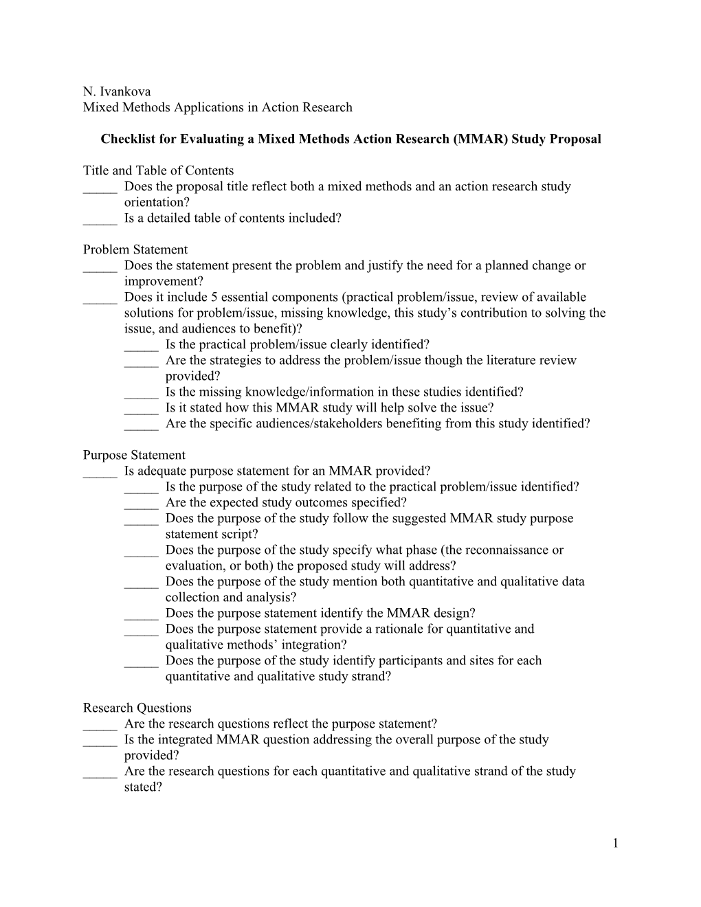 Epr 792 Checklist for Evaluating Mixed Methods Research Study