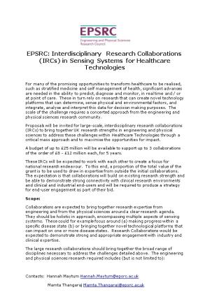 EPSRC: Interdisciplinary Research Collaborations (Ircs) in Sensing Systemsfor Healthcare