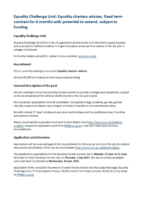 Equality Challenge Unit: Equality Charters Adviser, Fixed Term Contract for 6 Months With