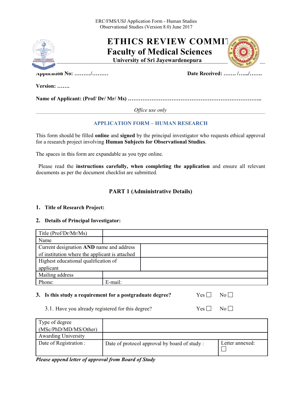 ERC/FMS/USJ Application Form - Human Studies