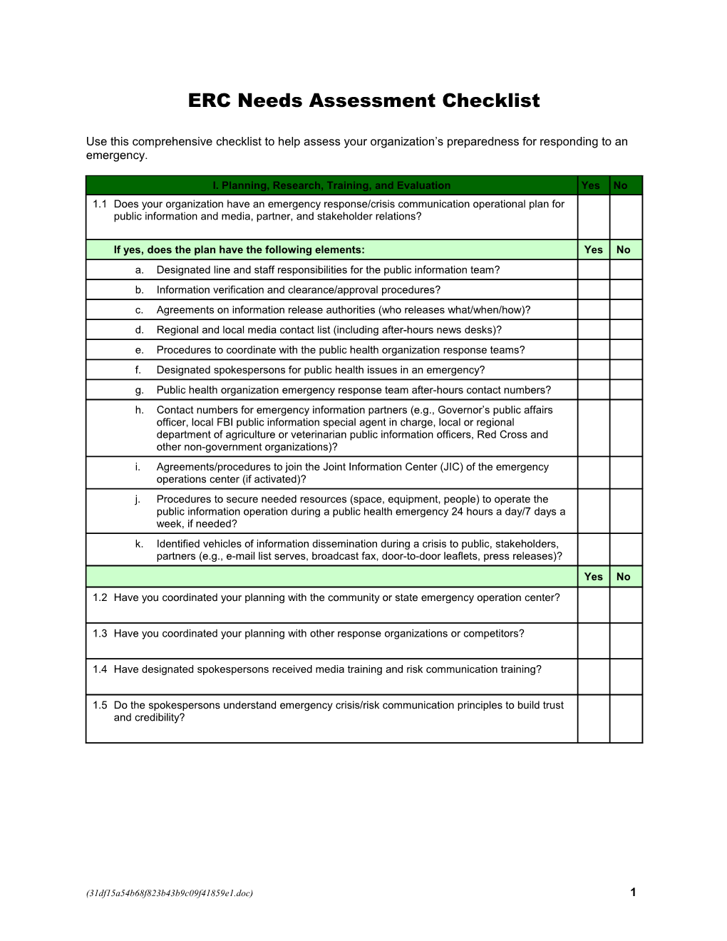 ERC Needs Assessment Checklist
