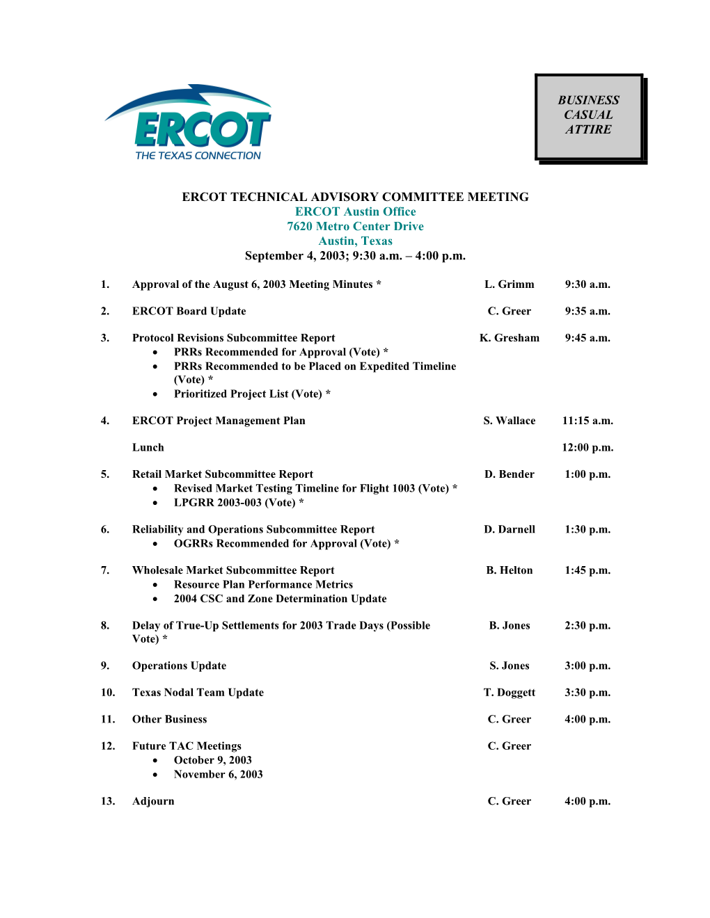 Ercot Technical Advisory Committee Meeting