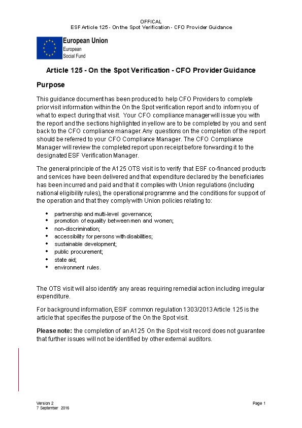ESF Article 125 - on the Spot Verification - CFO Provider Guidance