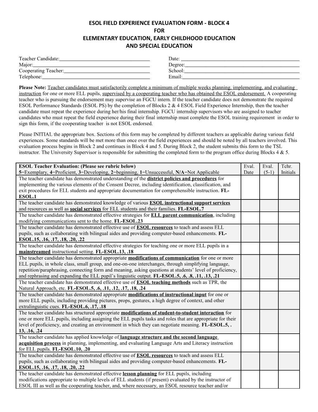 Esol Field Experience Evaluation Form - Block 4