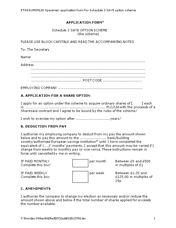 ETASSUM39120 Specimenapplication Form for Schedule 3 SAYE Option Scheme