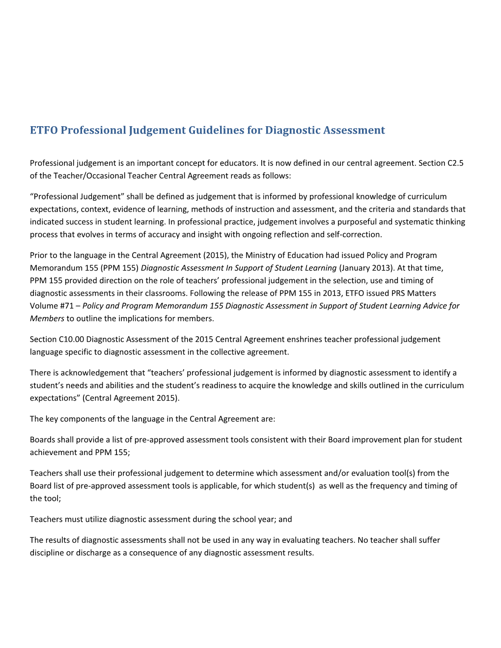 ETFO Professional Judgement Guidelines for Diagnostic Assessment