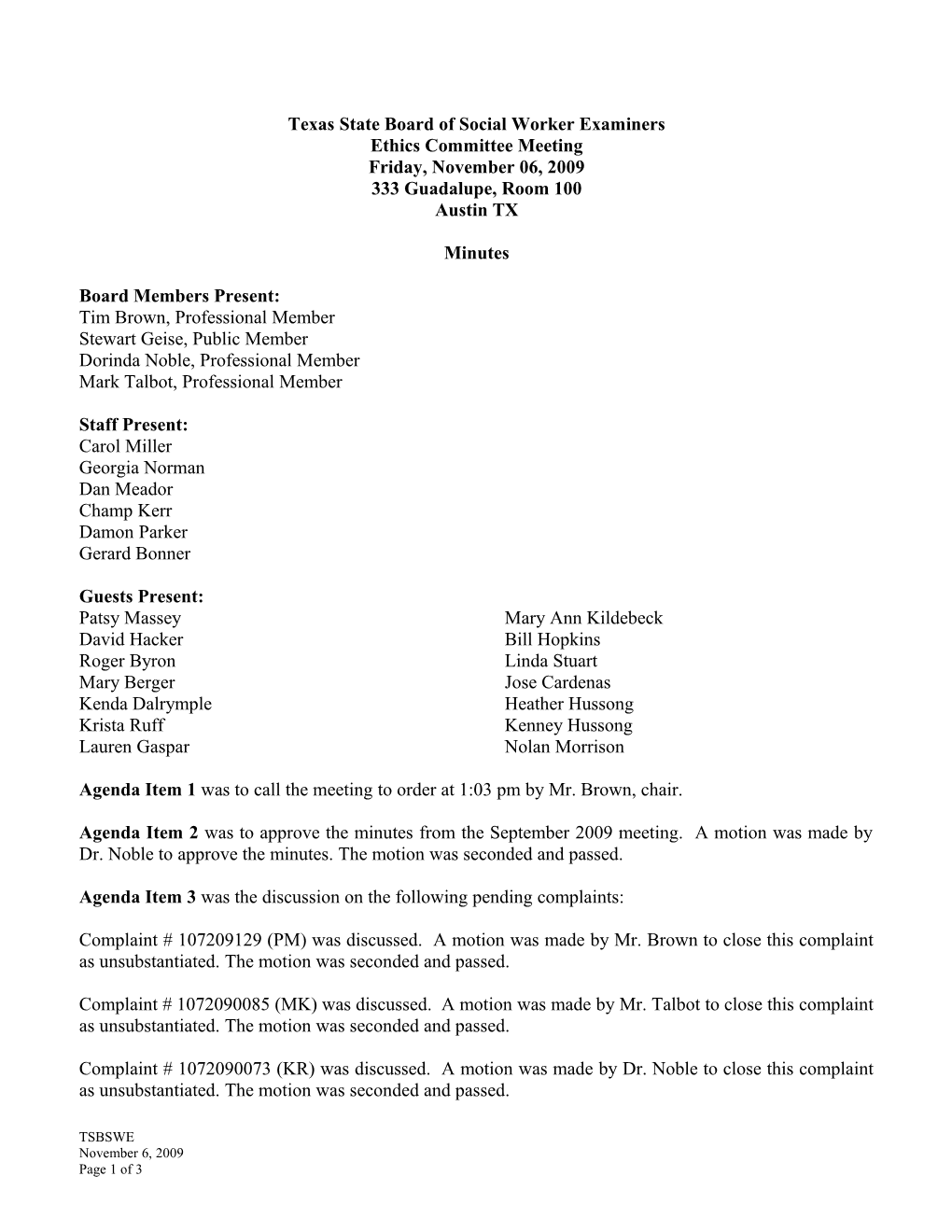 Ethics Committee Minutes November 2009
