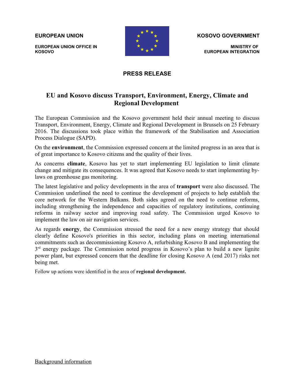 EU and Kosovo Discuss Transport, Environment, Energy, Climate and Regional Development