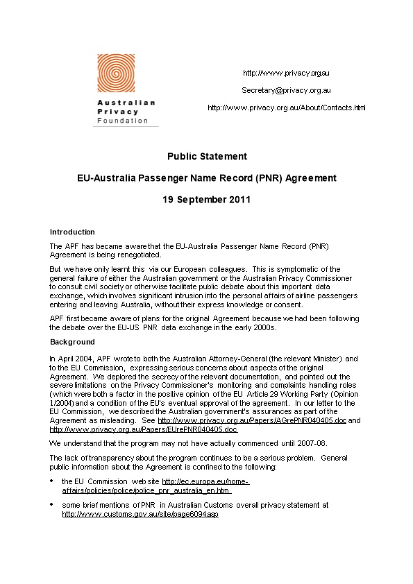 EU-Australia Passenger Name Record (PNR) Agreement