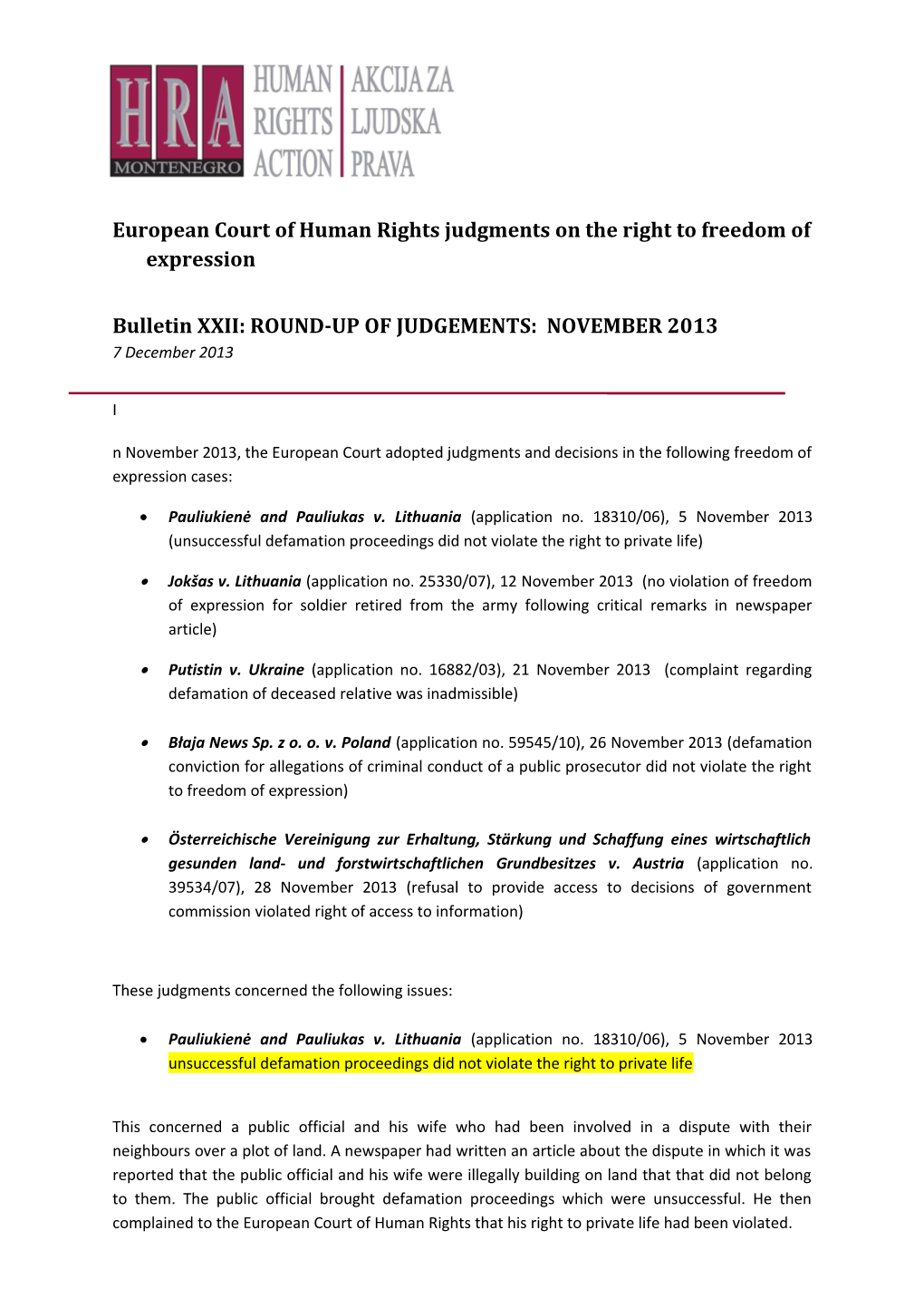 European Court of Human Rights Judgments on the Right to Freedom of Expression