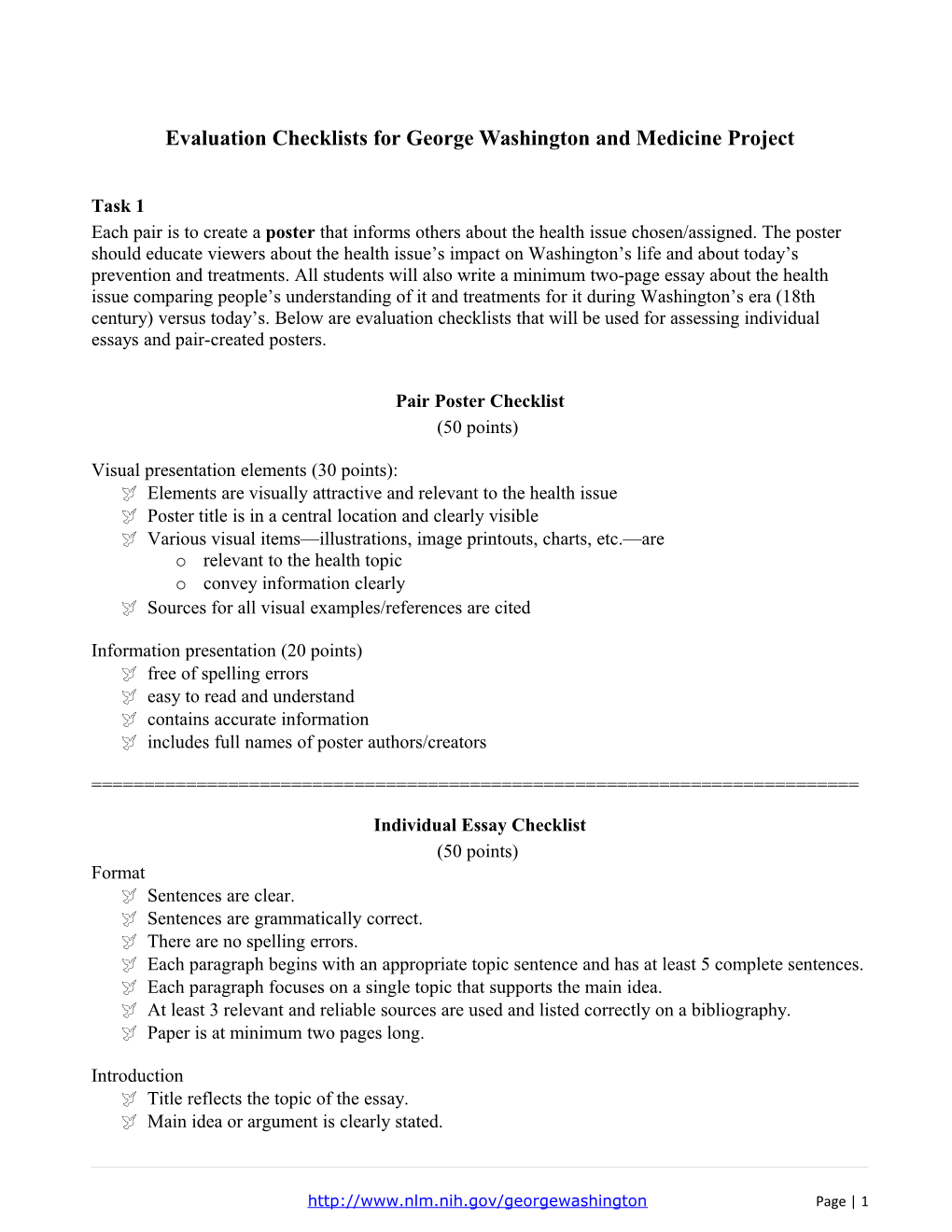 Evaluation Checklists for George Washington and Medicine Project