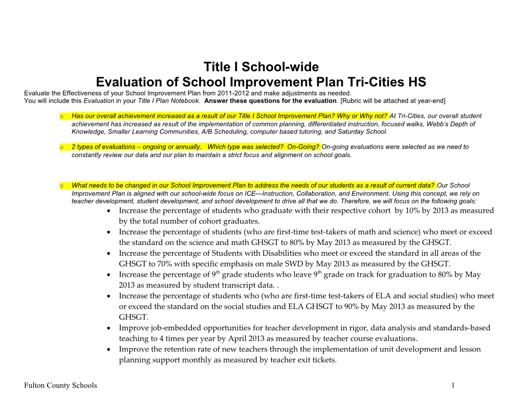 Evaluation of School Improvement Plantri-Cities HS