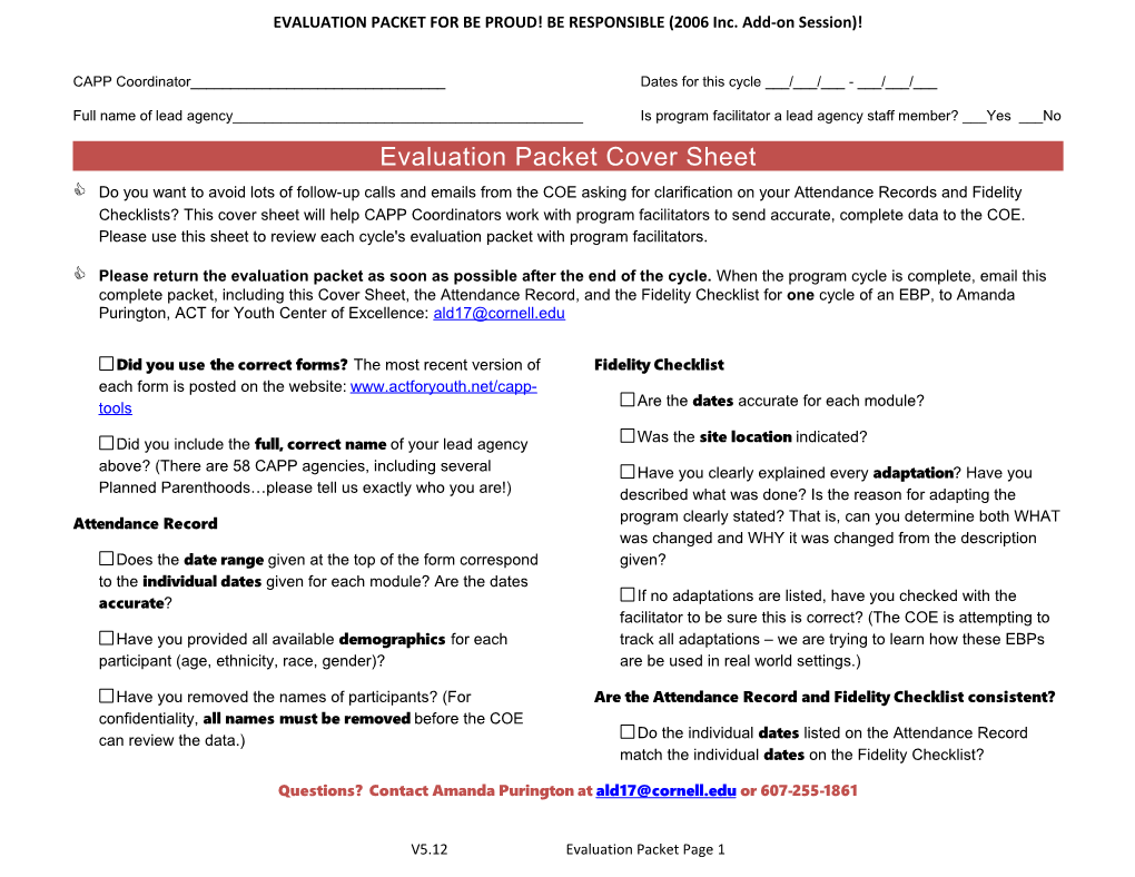 EVALUATION PACKET for BE PROUD! BE RESPONSIBLE (2006 Inc. Add-On Session)!