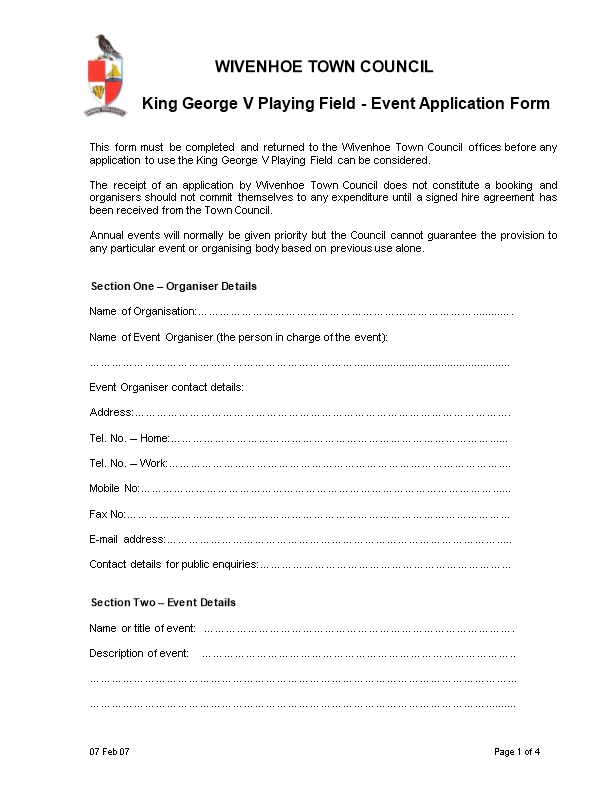 Event Application Form and Hire Agreement