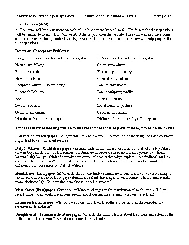 Evolutionary Psychology (Psych 459) Study Guide/Questions Exam 1 Spring 2012