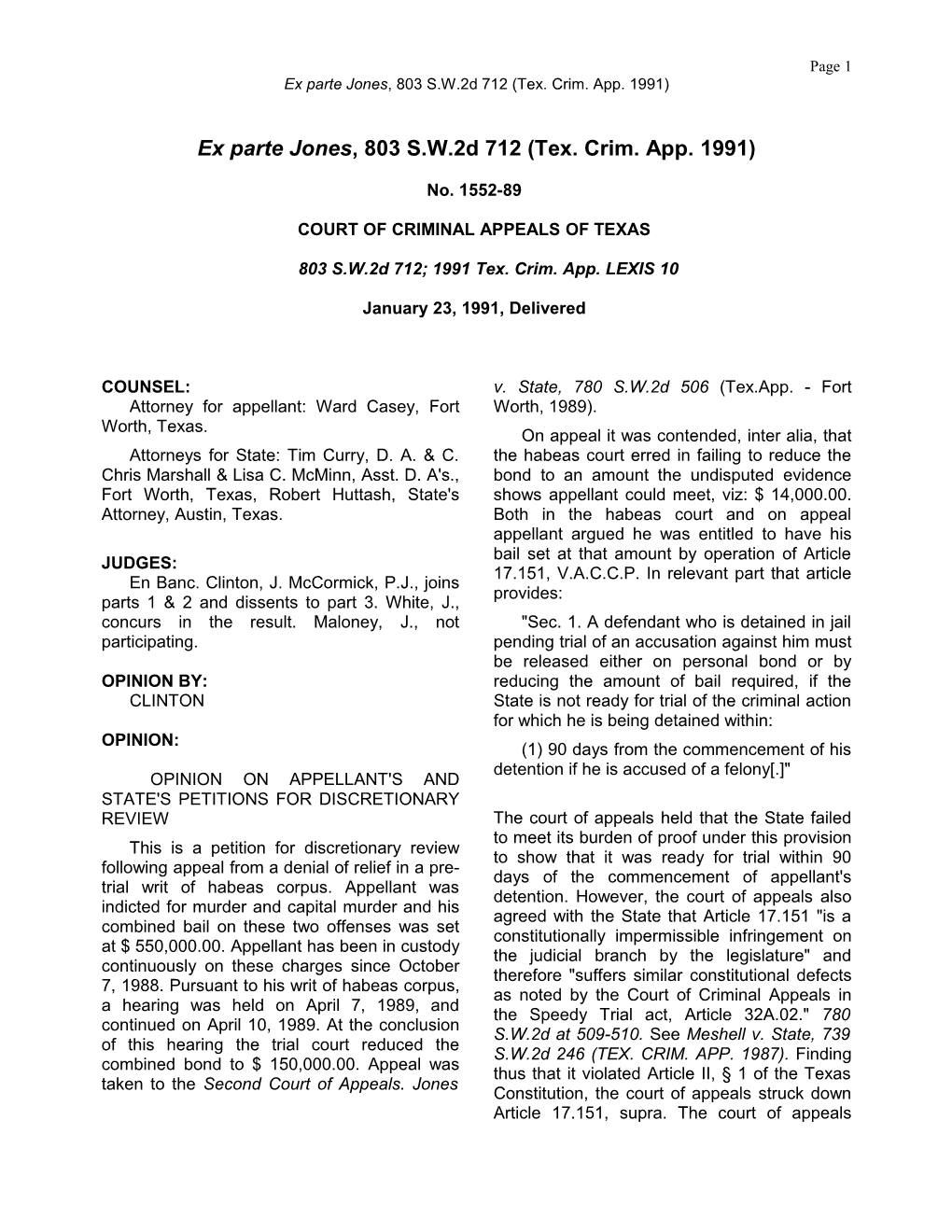 Ex Parte Jones, 803 S.W.2D 712 (Tex. Crim. App. 1991)