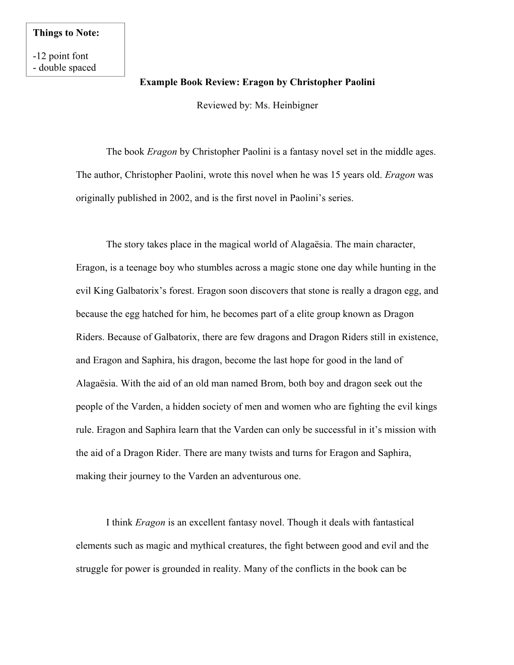 Example Book Review: Eragon by Christopher Paolini