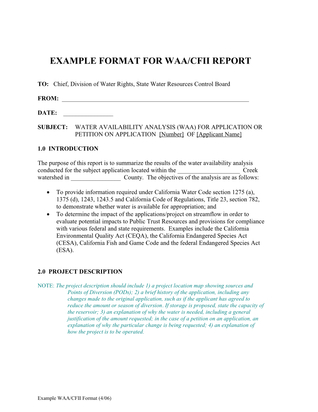 Example Format for Waa/Cfii Report