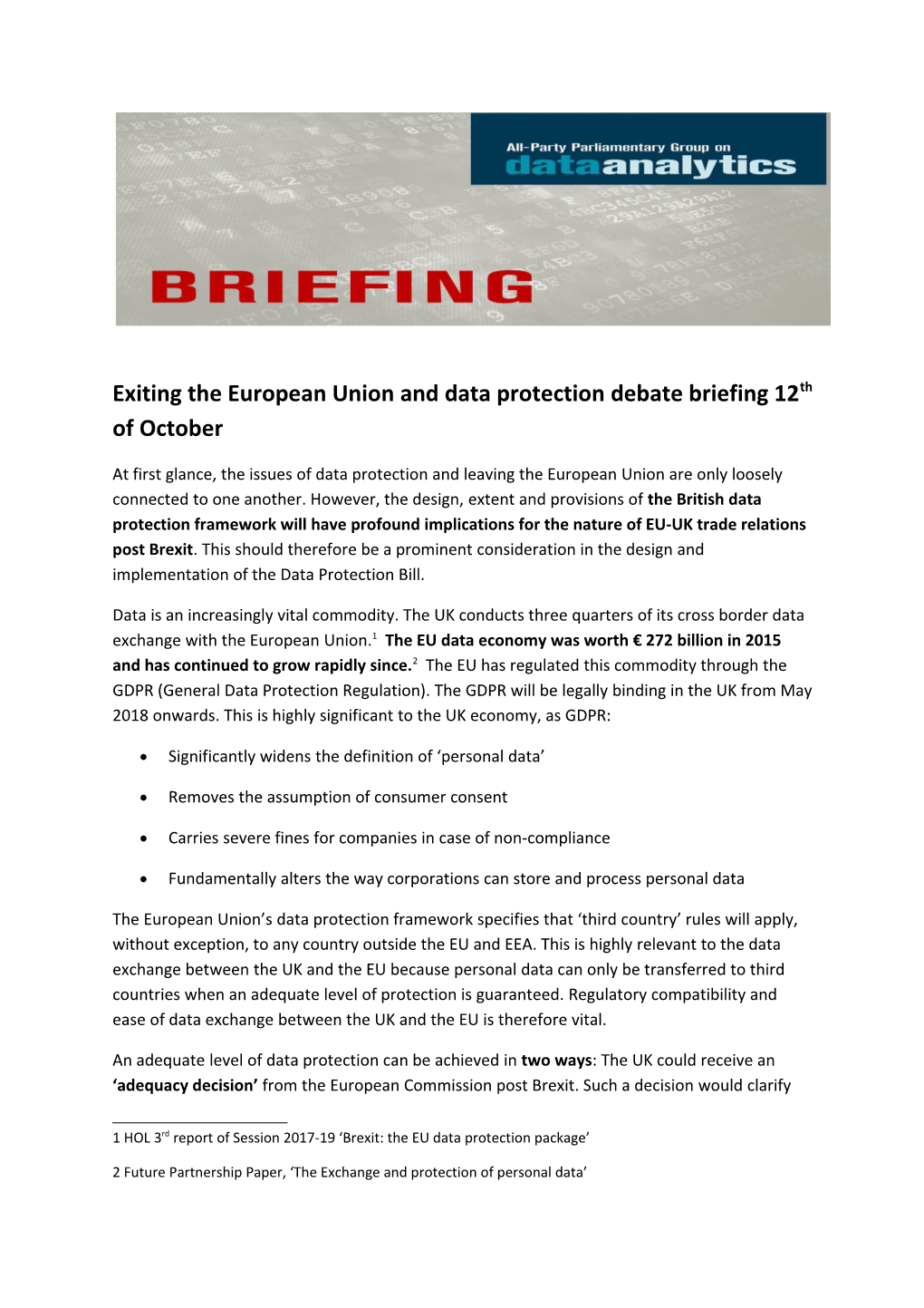 Exiting the European Union and Data Protection Debate Briefing 12Th of October