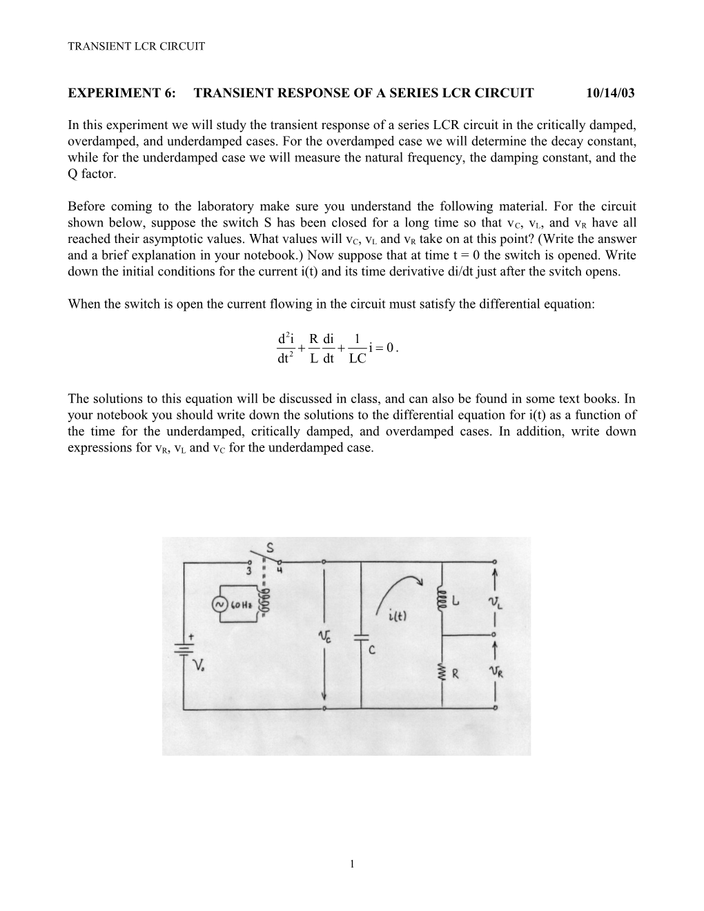 Experiment 6: Transient Response of a Series Lcr Circuit