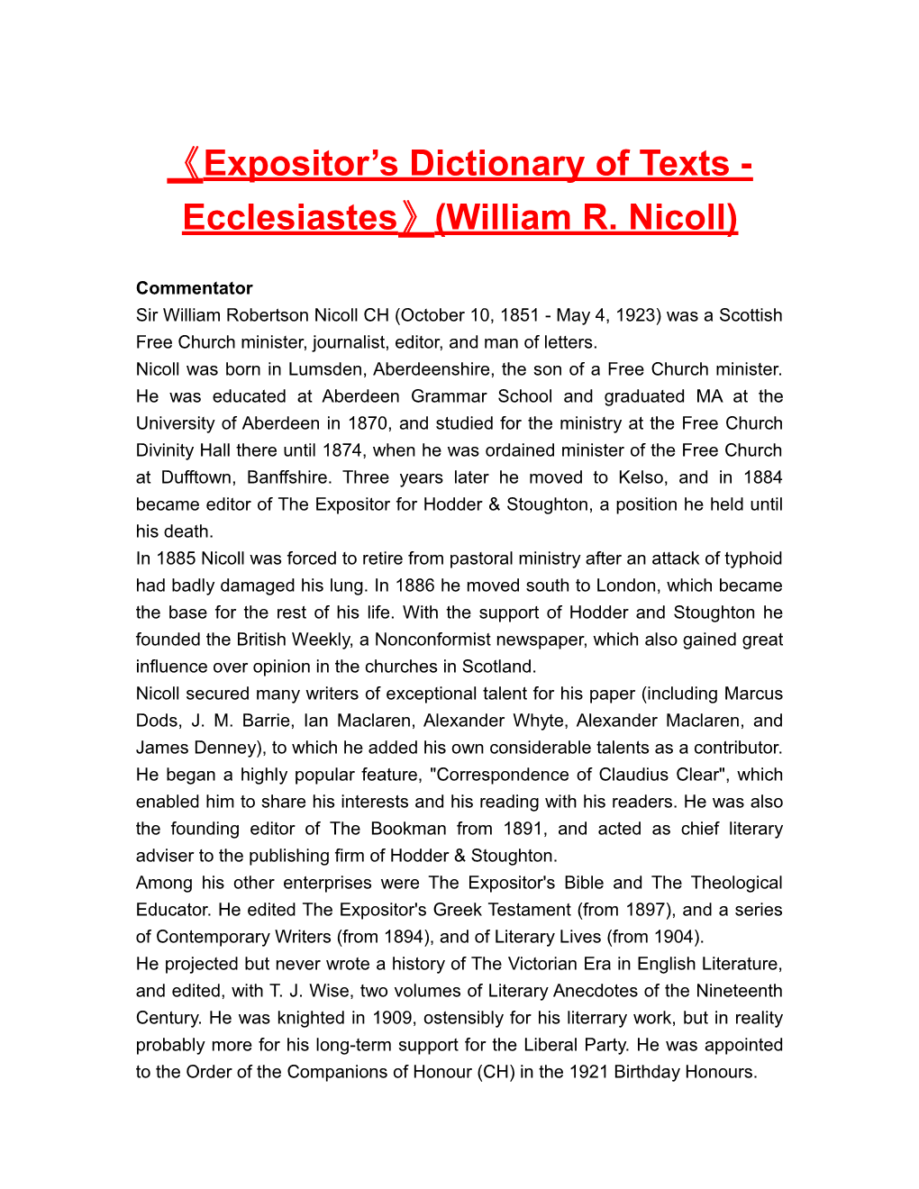 Expositor S Dictionaryof Texts- Ecclesiastes (William R. Nicoll)