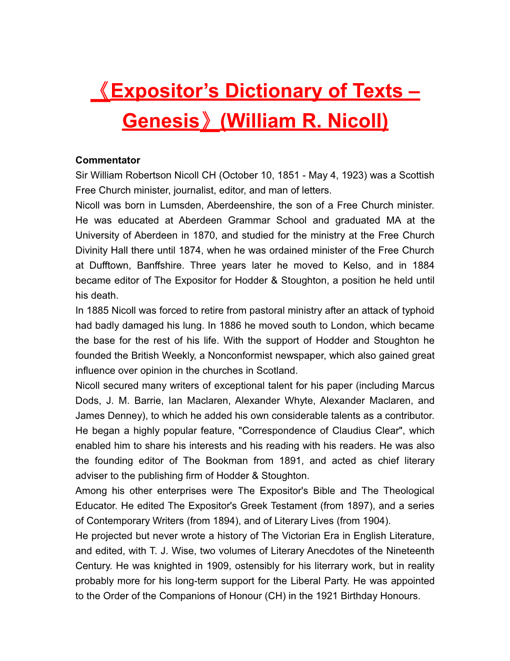 Expositor S Dictionaryof Texts Genesis (William R. Nicoll)